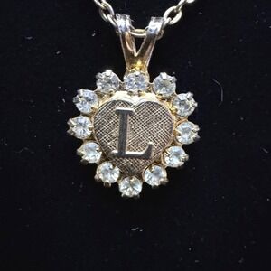 Initial L Heart Necklace Women OS Gold Plated Rhinestone Dainty Pendant
